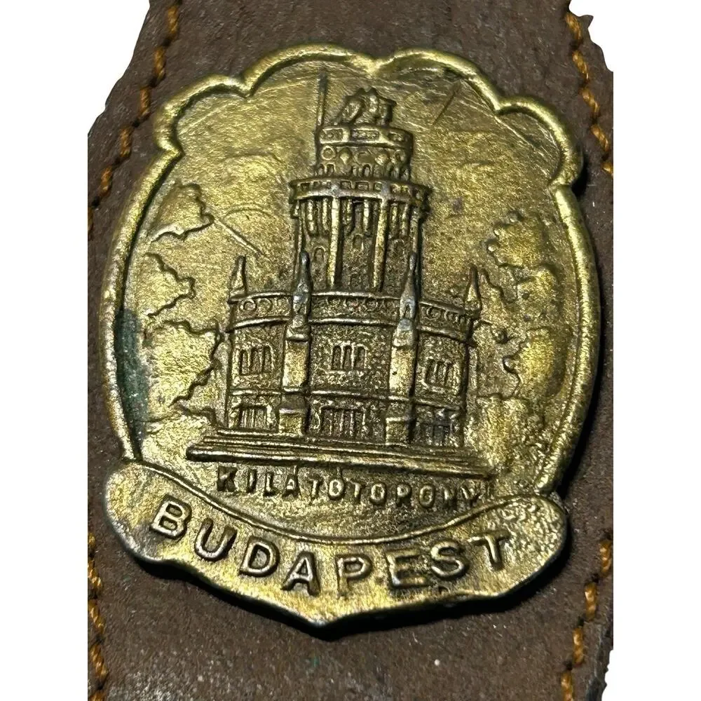 Vintage Budapest Tourist Souvenir Keychain RARE Bronze tone w/Leather